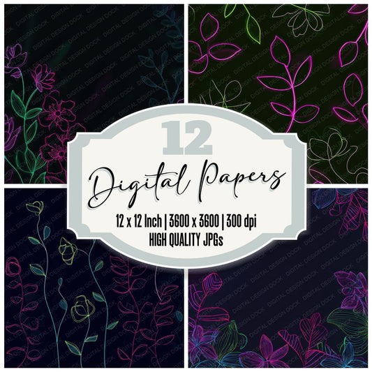 Neon Flower Outline Botanical Digital Paper Pack (DDD000110)