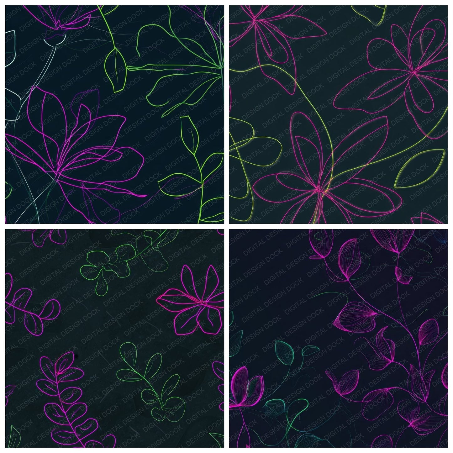 Neon Flower Outline Botanical Digital Paper Pack (DDD000110)