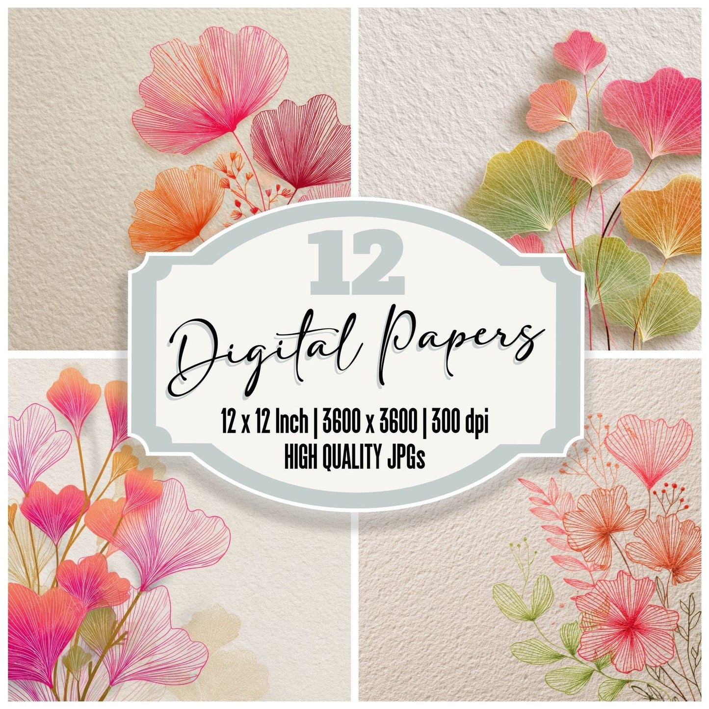 Neon Flower Outline Cream Digital Paper Pack (DDD000111)