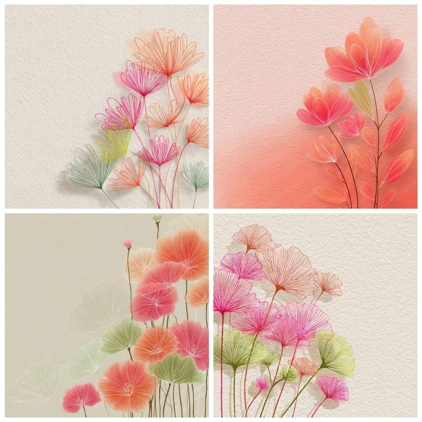 Neon Flower Outline Cream Digital Paper Pack (DDD000111)