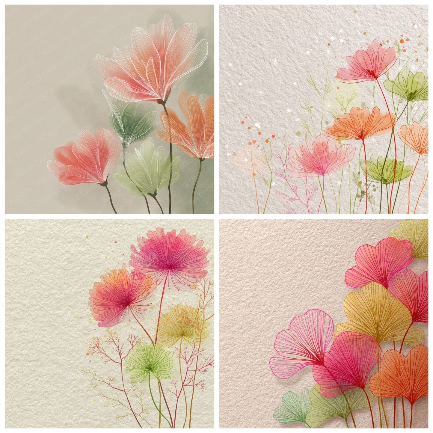 Neon Flower Outline Cream Digital Paper Pack (DDD000111)