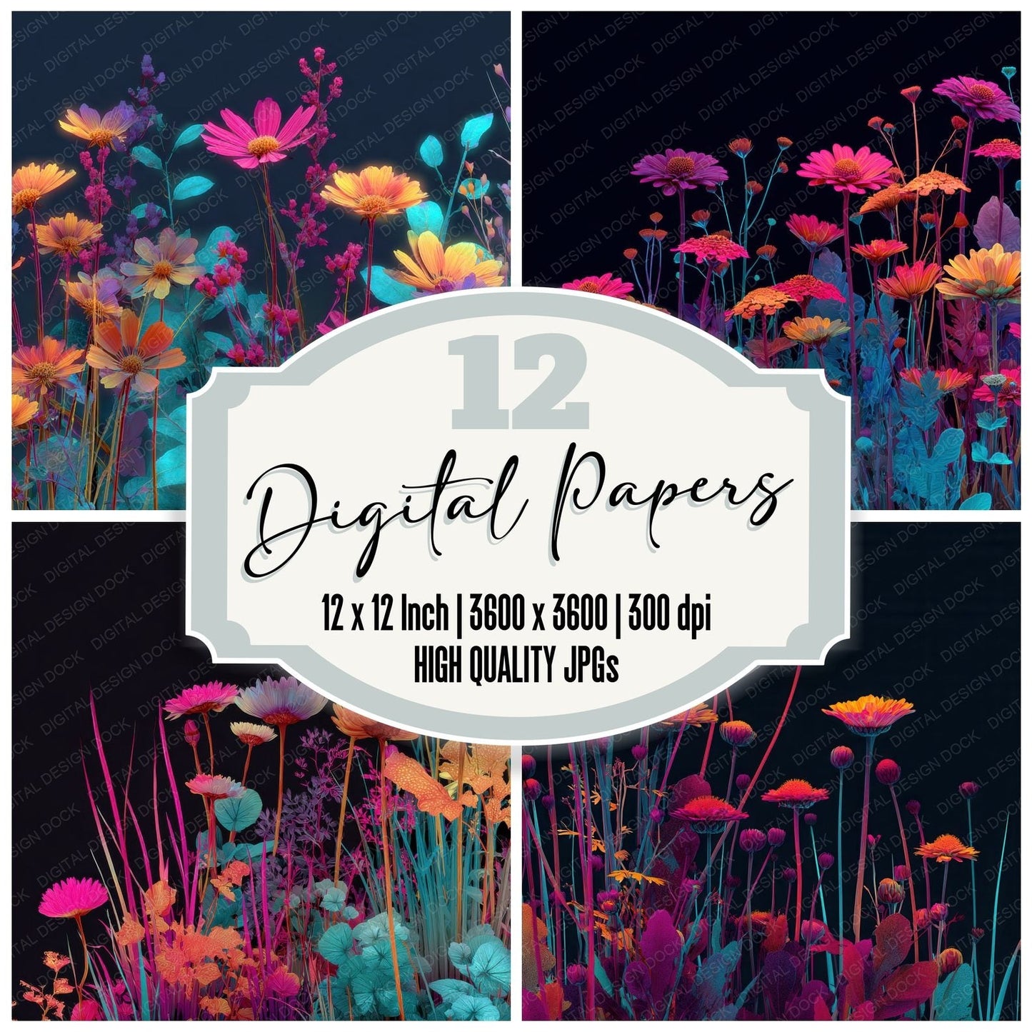 Neon Wildflower Signage Background Digital Paper Pack (DDD000116)