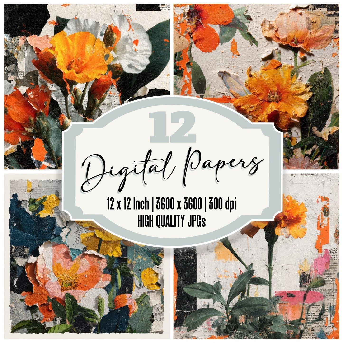 Orange Overprint Floral Collage Background Digital Paper Pack (DDD000118)