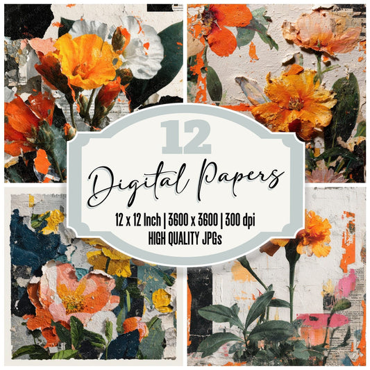 Orange Overprint Floral Collage Background Digital Paper Pack (DDD000118)