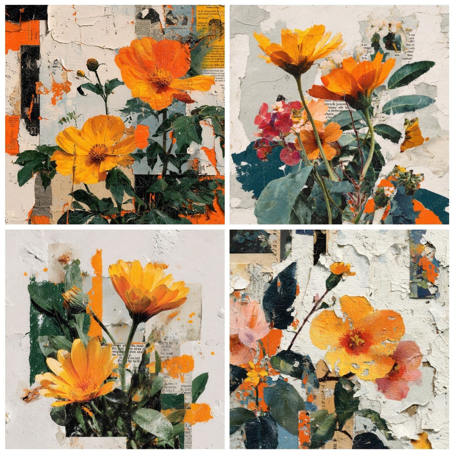 Orange Overprint Floral Collage Background Digital Paper Pack (DDD000118)