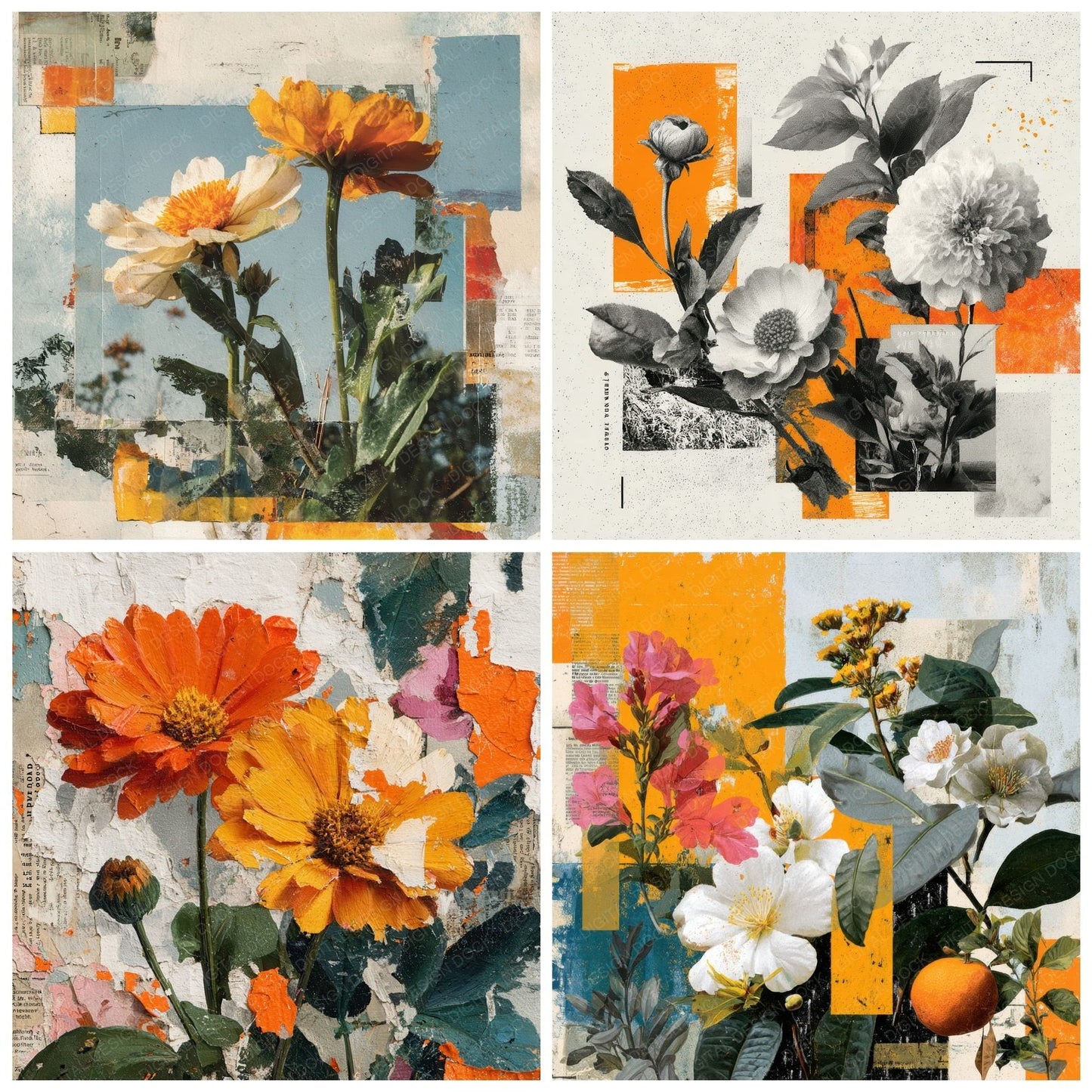 Orange Overprint Floral Collage Background Digital Paper Pack (DDD000118)