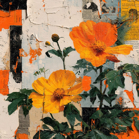 Orange Overprint Floral Collage Background Digital Paper Pack (DDD000118)