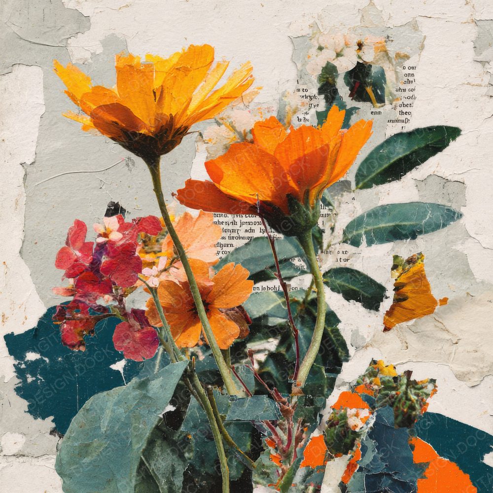 Orange Overprint Floral Collage Background Digital Paper Pack (DDD000118)