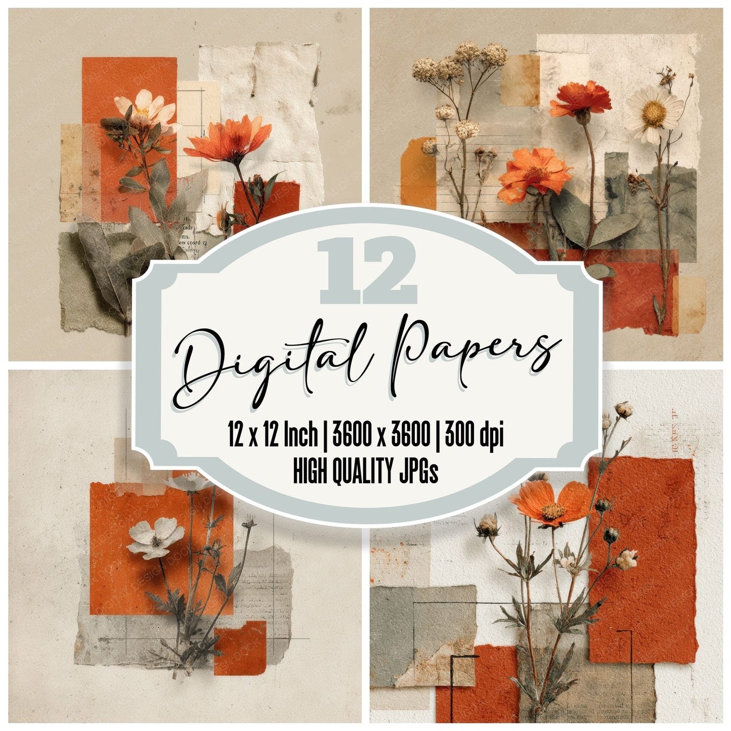 Rust Archive Floral Collage Background Digital Paper Pack (DDD000119)
