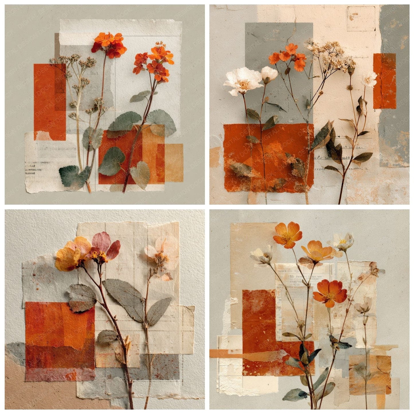 Rust Archive Floral Collage Background Digital Paper Pack (DDD000119)