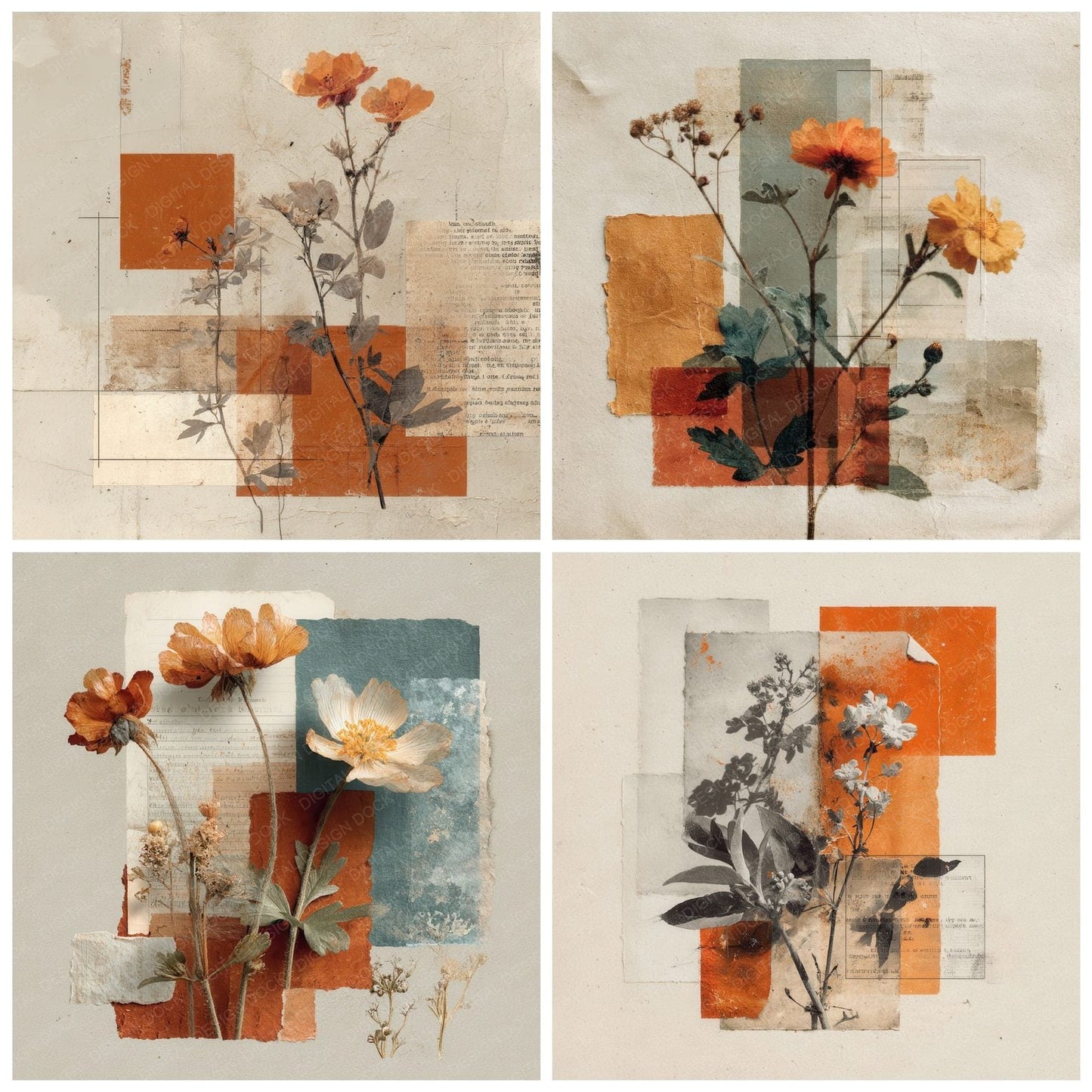 Rust Archive Floral Collage Background Digital Paper Pack (DDD000119)
