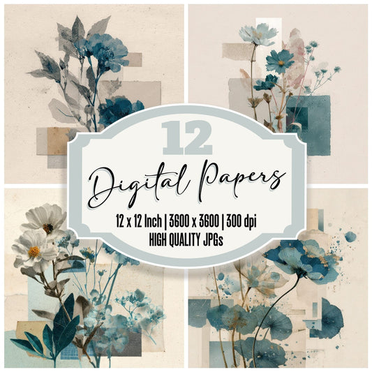 Teal Archive Floral Collage Background Digital Paper Pack (DDD000120)