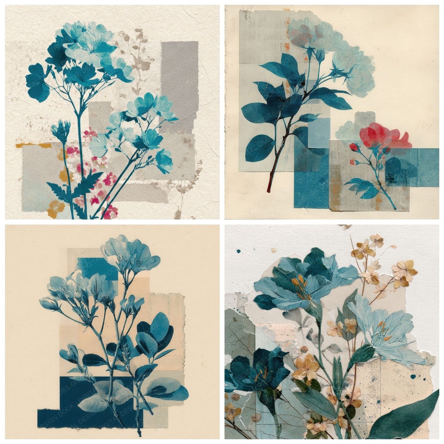 Teal Archive Floral Collage Background Digital Paper Pack (DDD000120)
