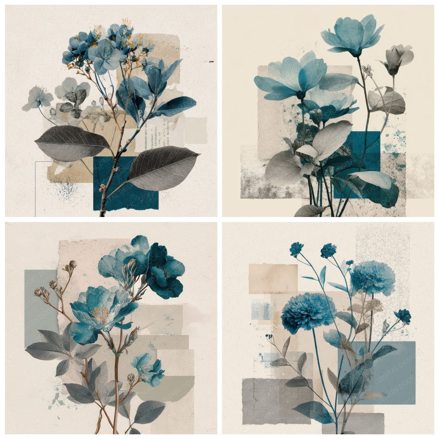 Teal Archive Floral Collage Background Digital Paper Pack (DDD000120)