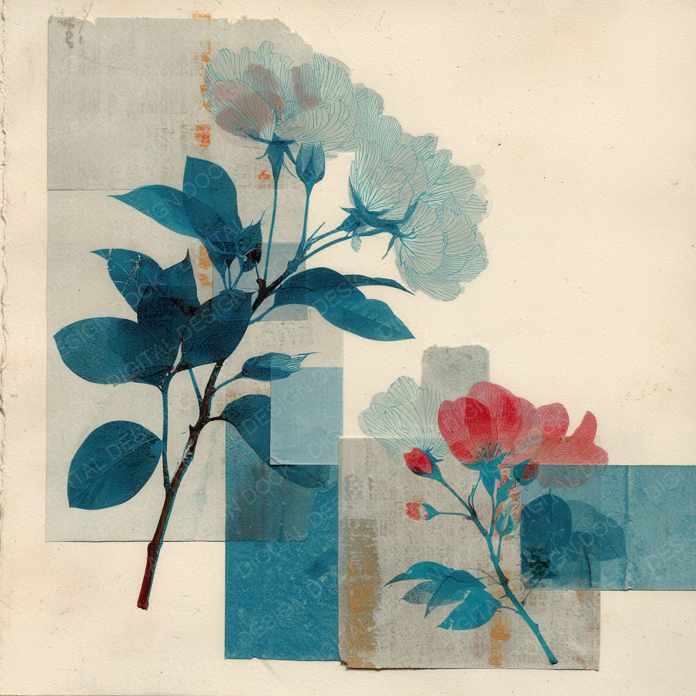 Teal Archive Floral Collage Background Digital Paper Pack (DDD000120)