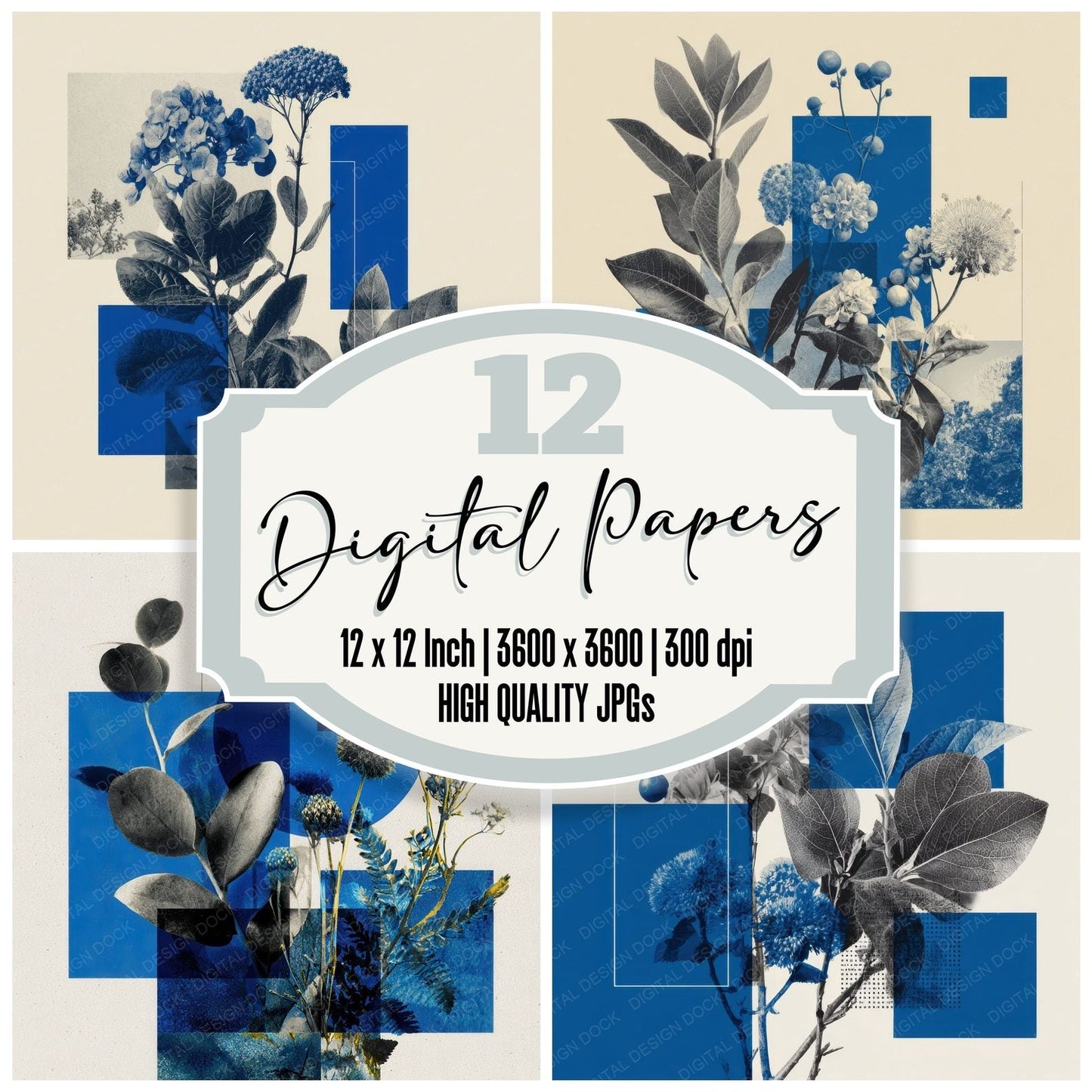 Blue Editorial Botanical Collage Digital Paper Pack (DDD000122)