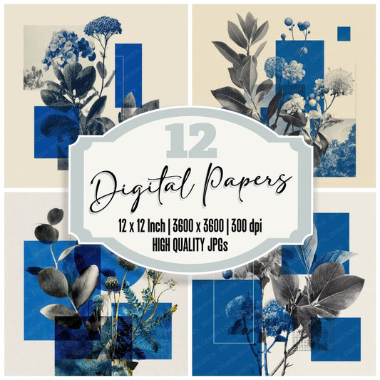 Blue Editorial Botanical Collage Digital Paper Pack (DDD000122)