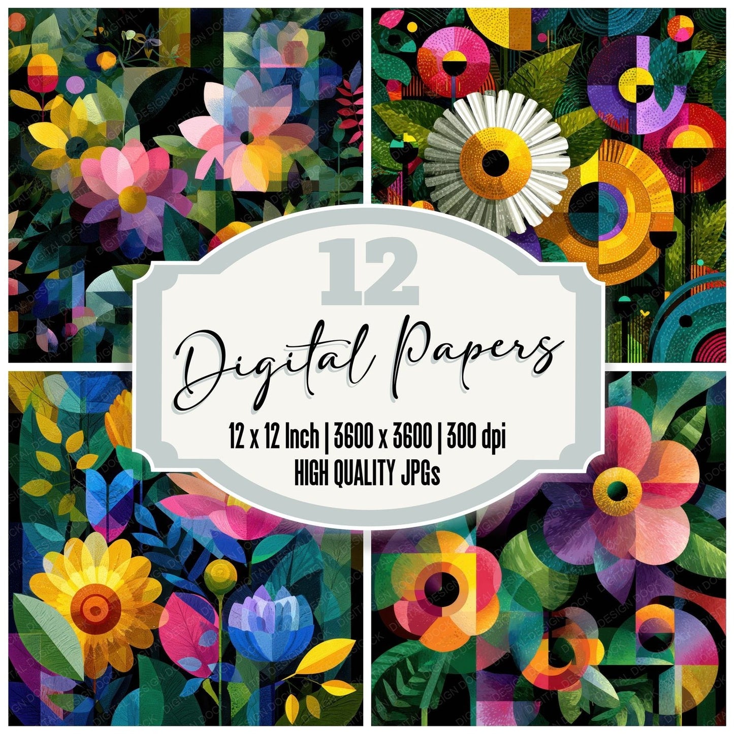 Cubist Floral Geometry Background Digital Paper Pack (DDD000124)