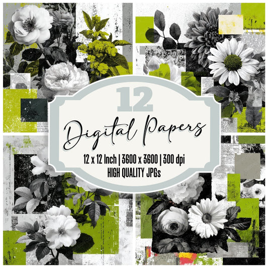 Green Zine Floral Collage Digital Paper Pack (DDD000126)