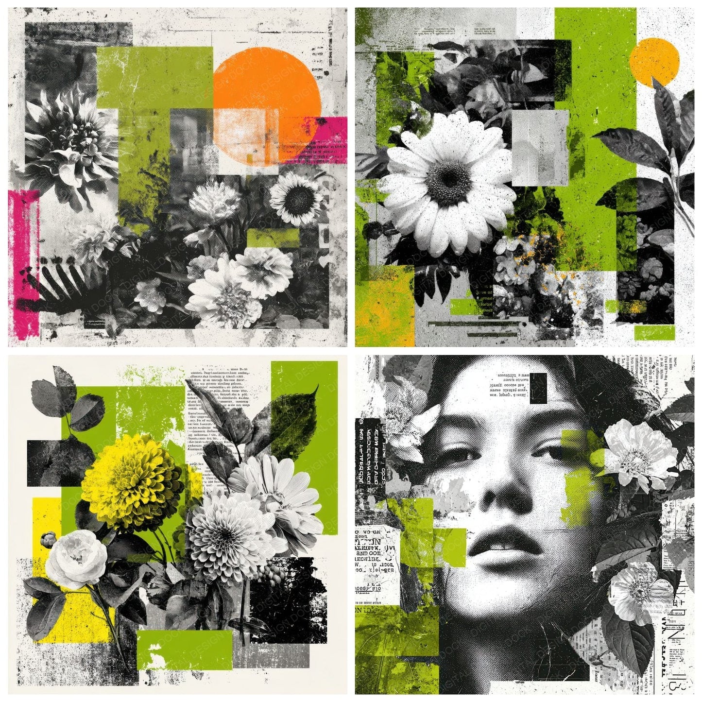 Green Zine Floral Collage Digital Paper Pack (DDD000126)