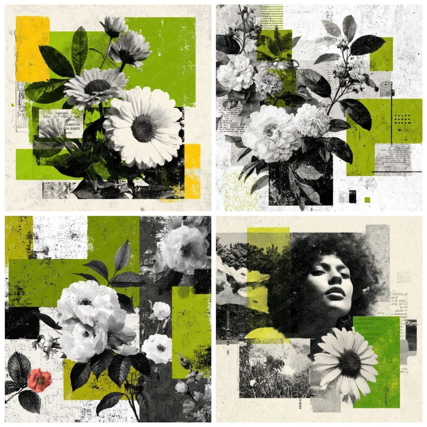 Green Zine Floral Collage Digital Paper Pack (DDD000126)