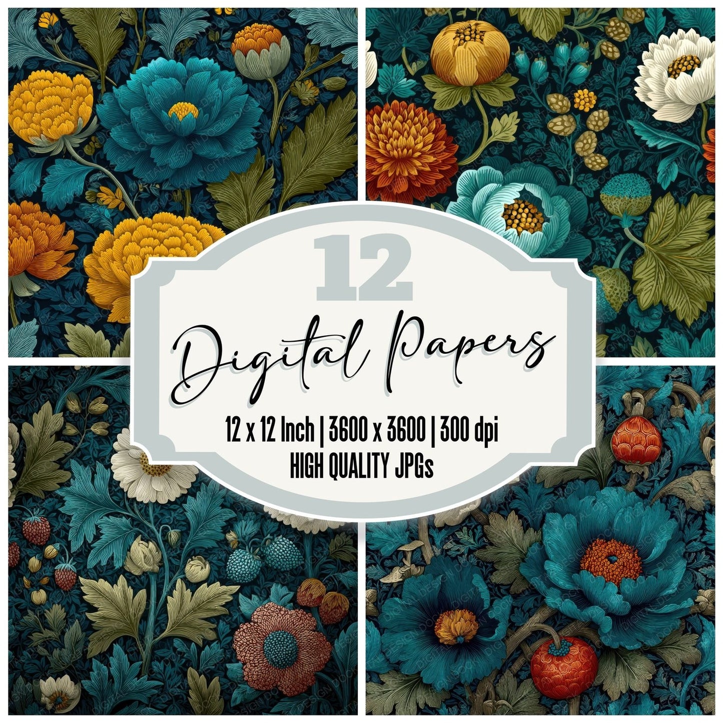 Morris Botanical Pattern Background Digital Paper Pack (DDD000132)