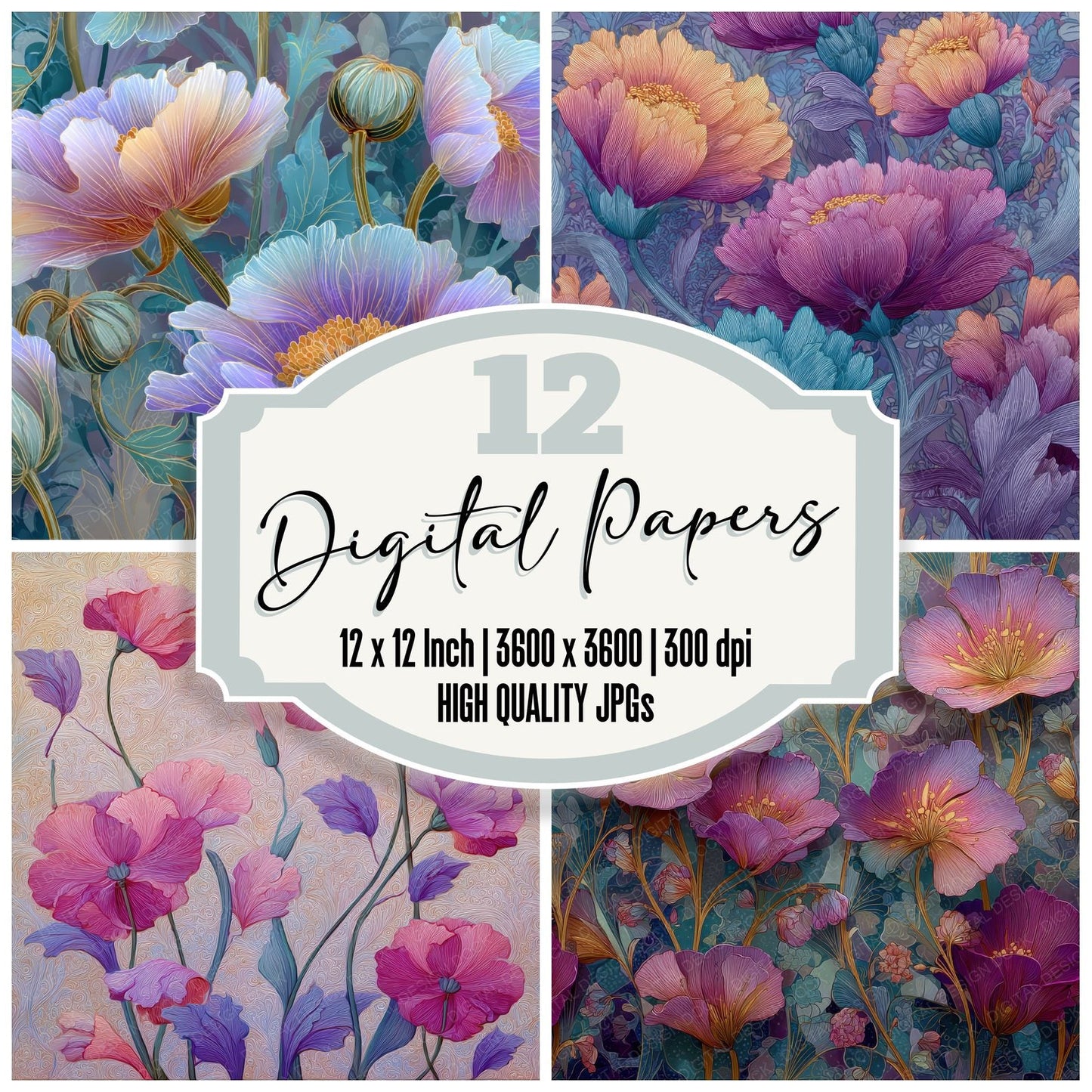 Mucha Decorative Floral Background Digital Paper Pack (DDD000133)