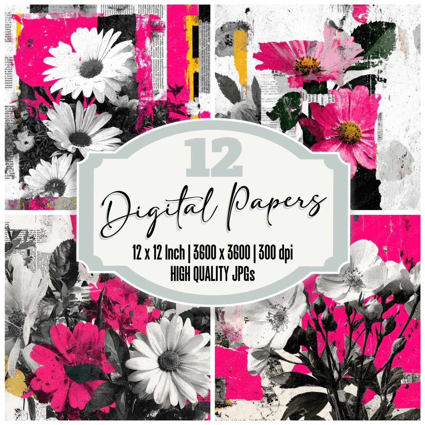 Punk Pink Floral Collage Digital Paper Pack (DDD000135)