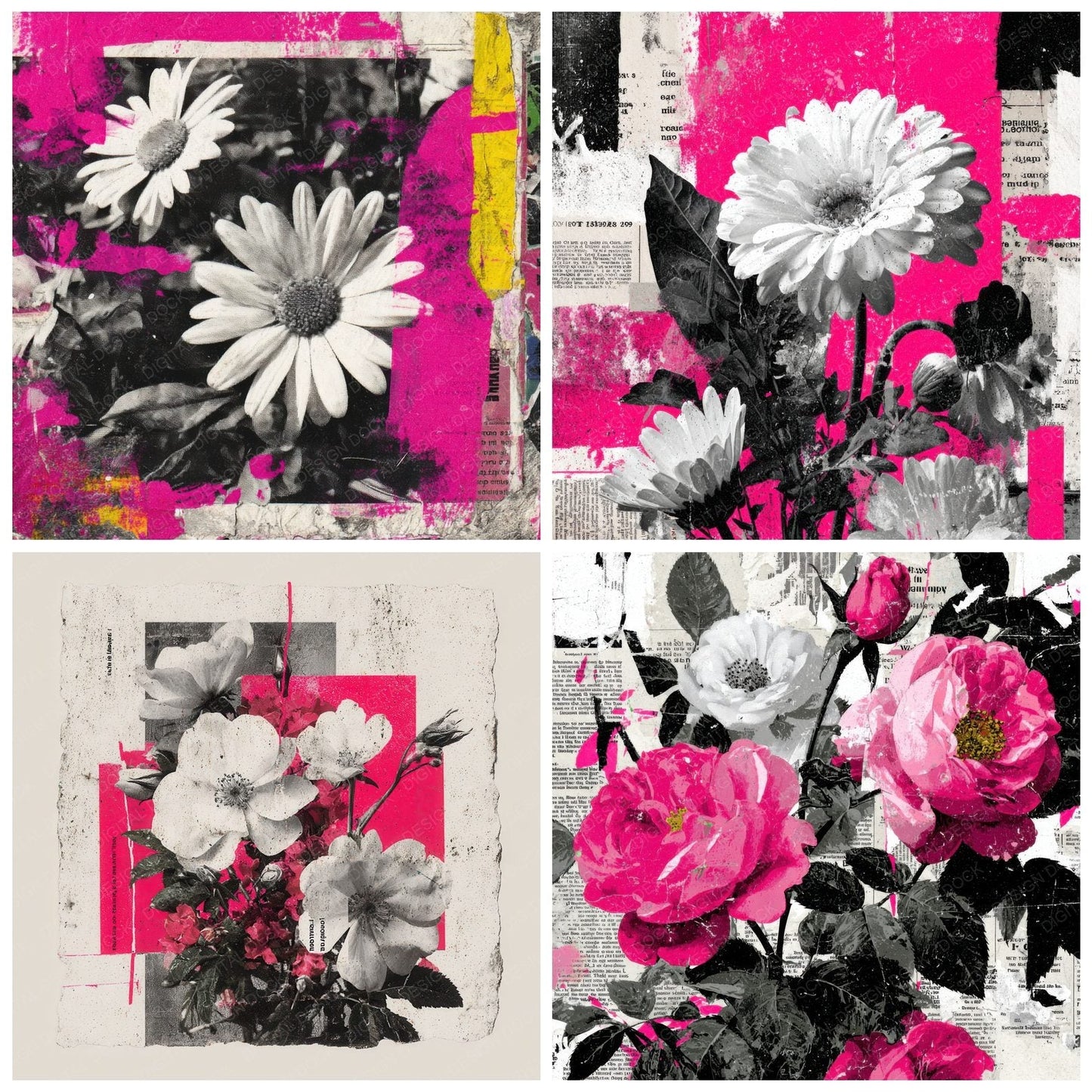 Punk Pink Floral Collage Digital Paper Pack (DDD000135)