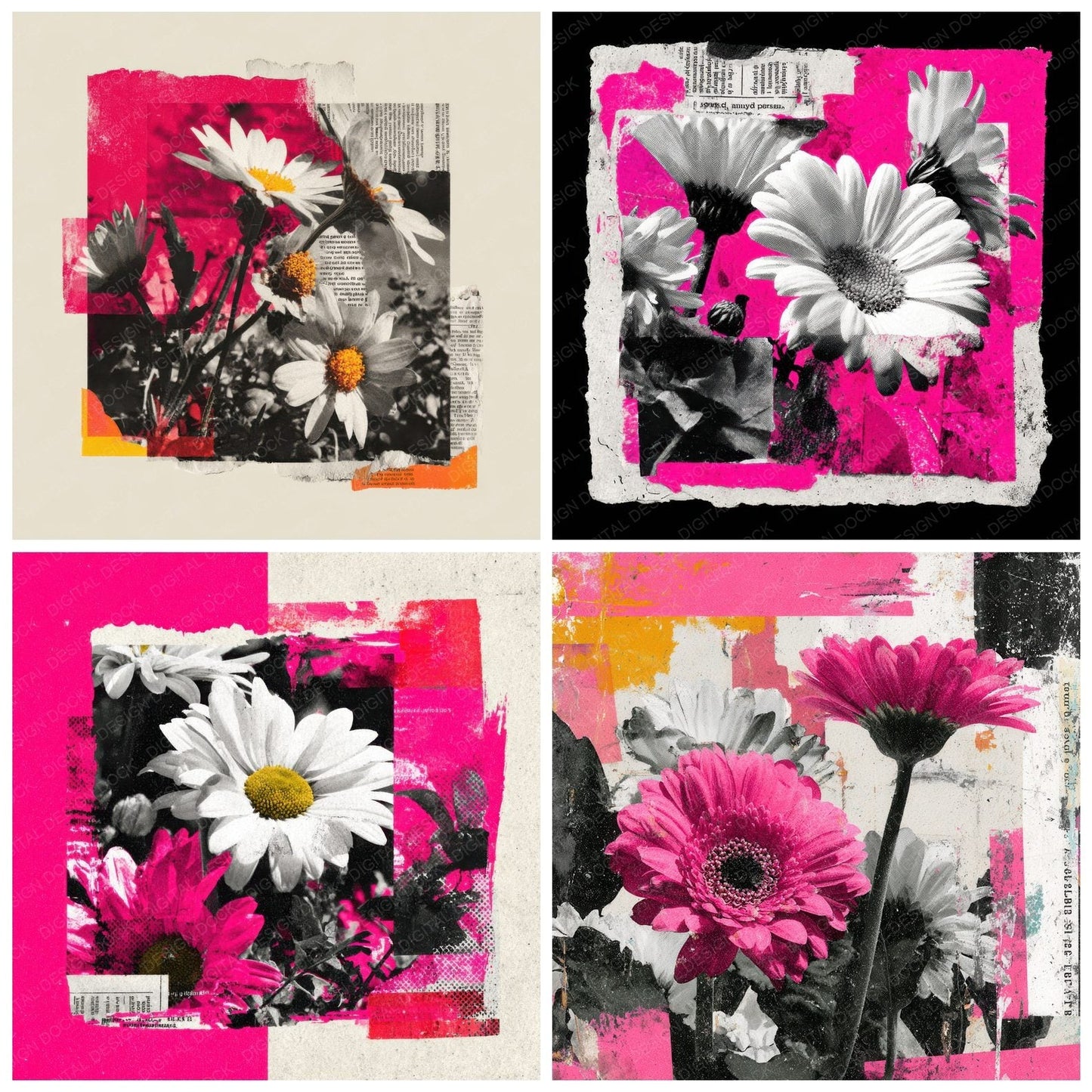Punk Pink Floral Collage Digital Paper Pack (DDD000135)