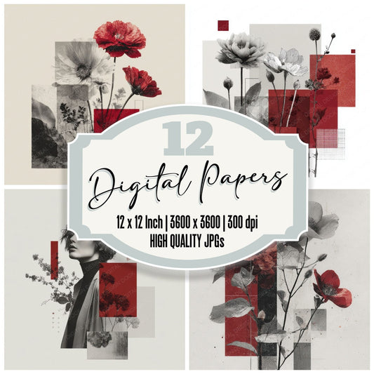 Red Couture Floral Collage Digital Paper Pack (DDD000136)