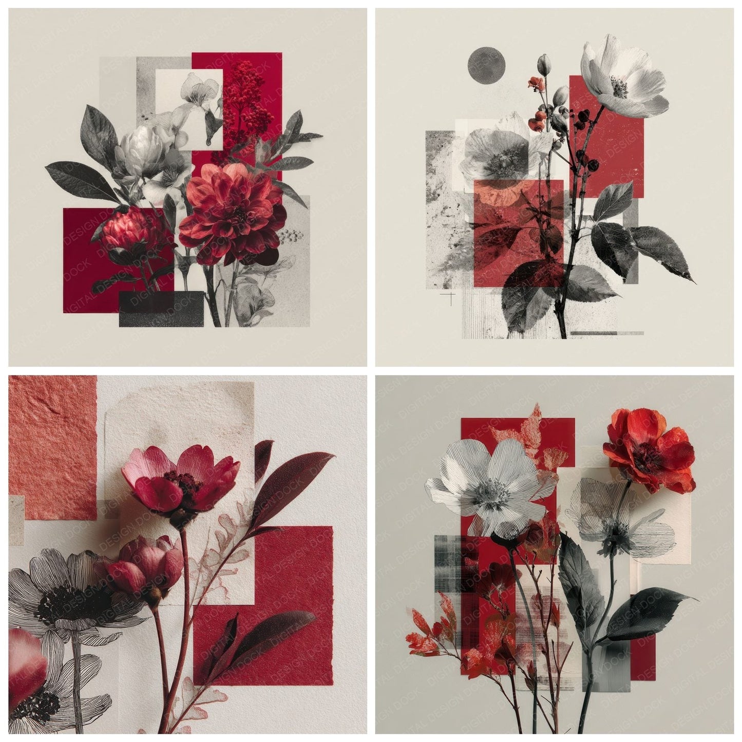 Red Couture Floral Collage Digital Paper Pack (DDD000136)