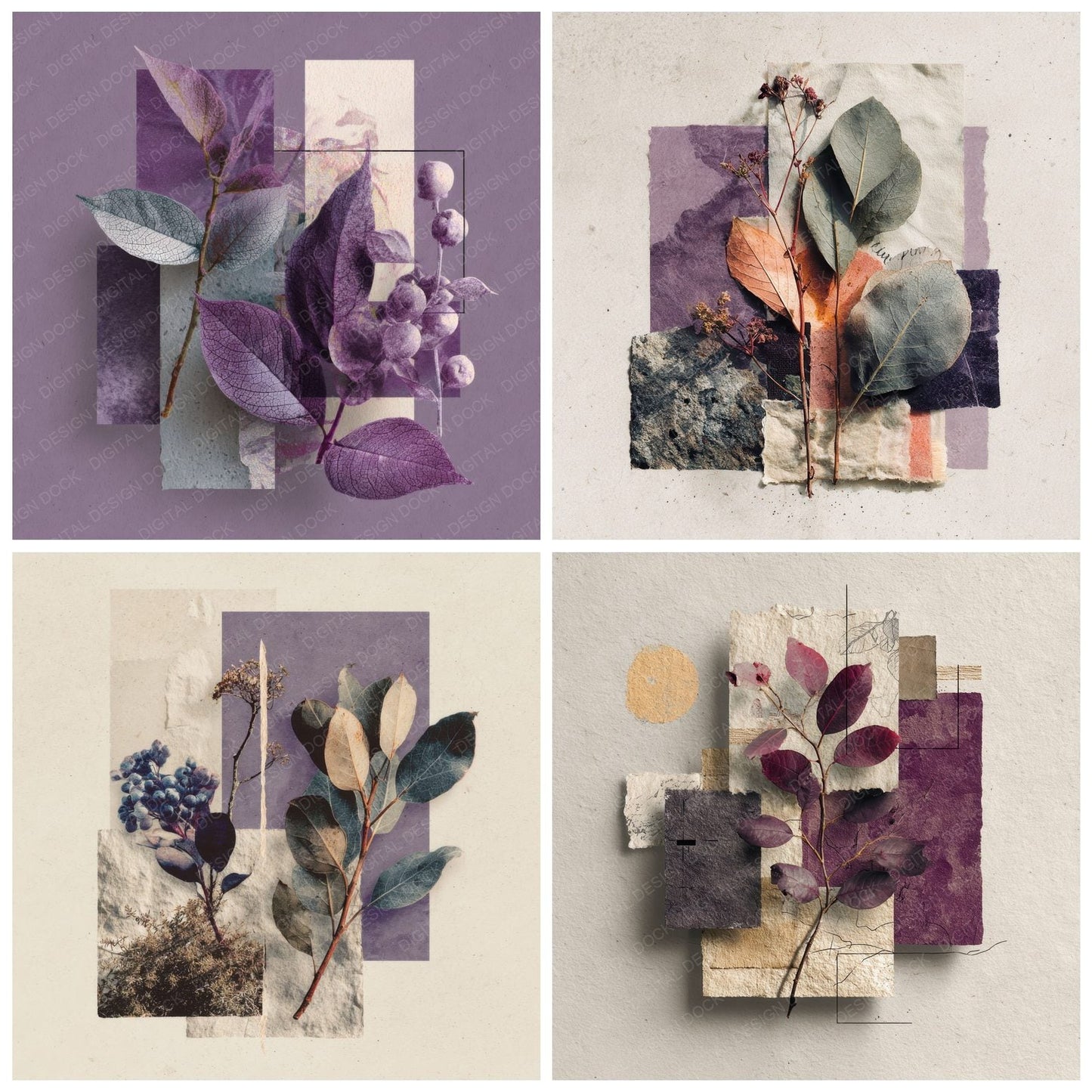 Violet Fashion Botanical Collage Digital Paper Pack (DDD000139)