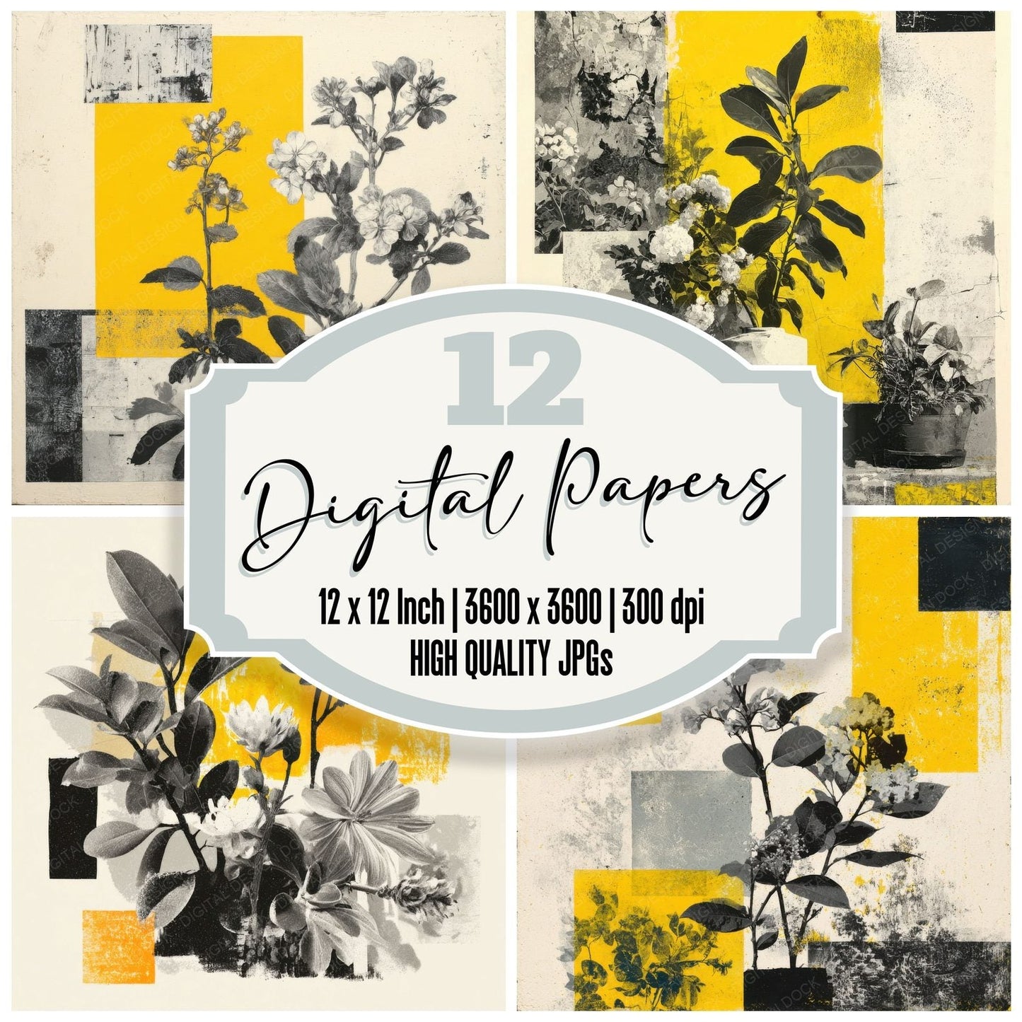 Yellow Street Floral Collage Digital Paper Pack (DDD000140)