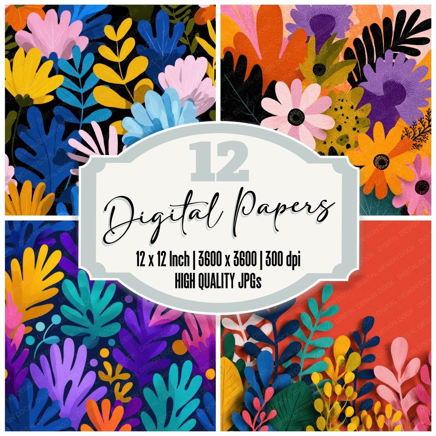Cutout Floral Silhouette Background Digital Paper Pack (DDD000144)