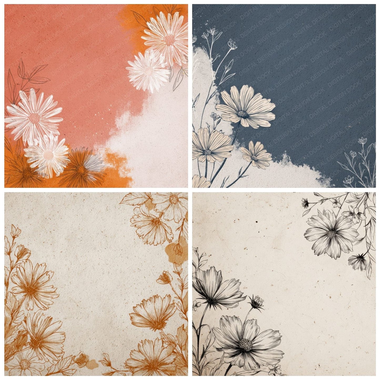 Daisy Line Frame Background Digital Paper Pack (DDD000145)
