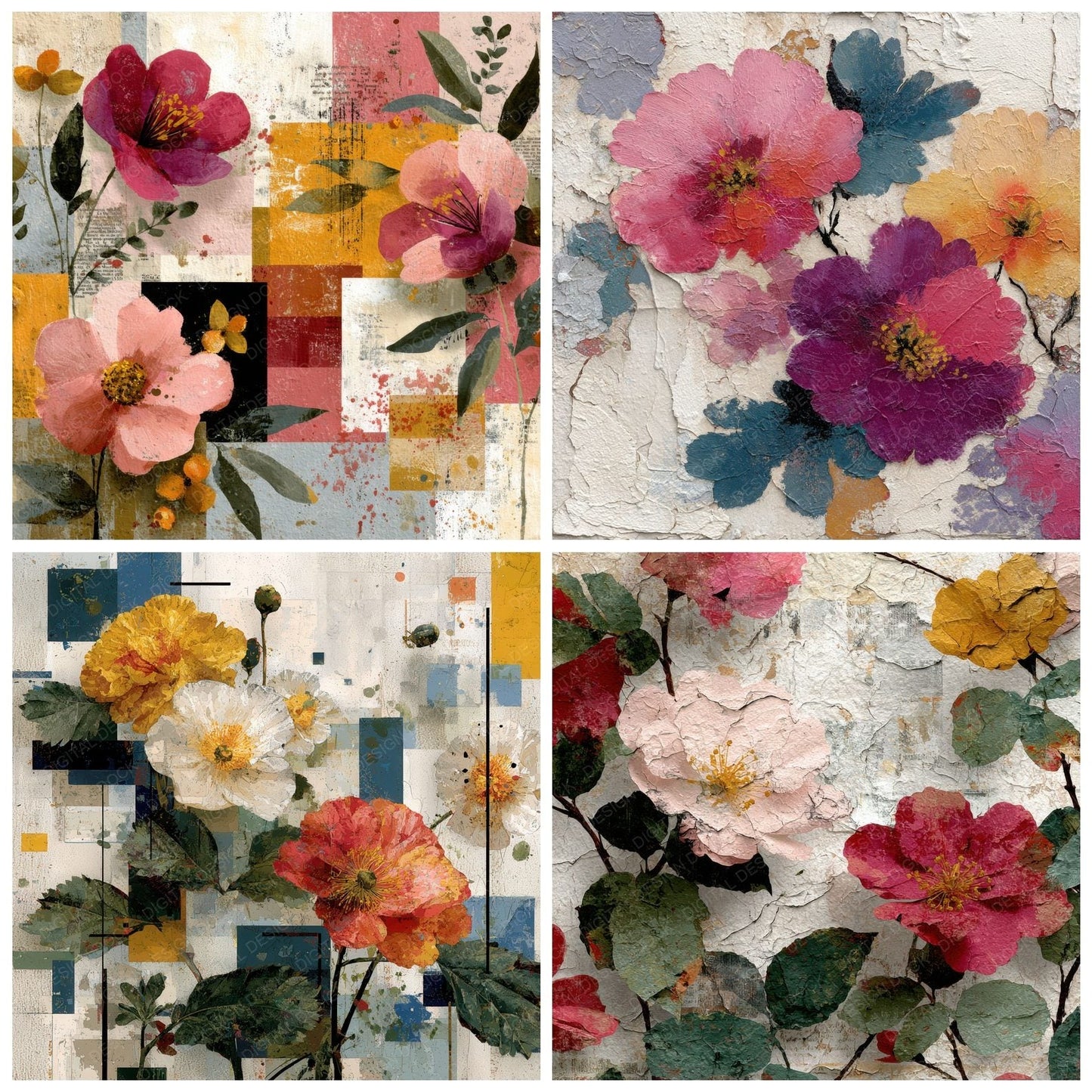 Eroded Floral Collage Background Digital Paper Pack (DDD000147)