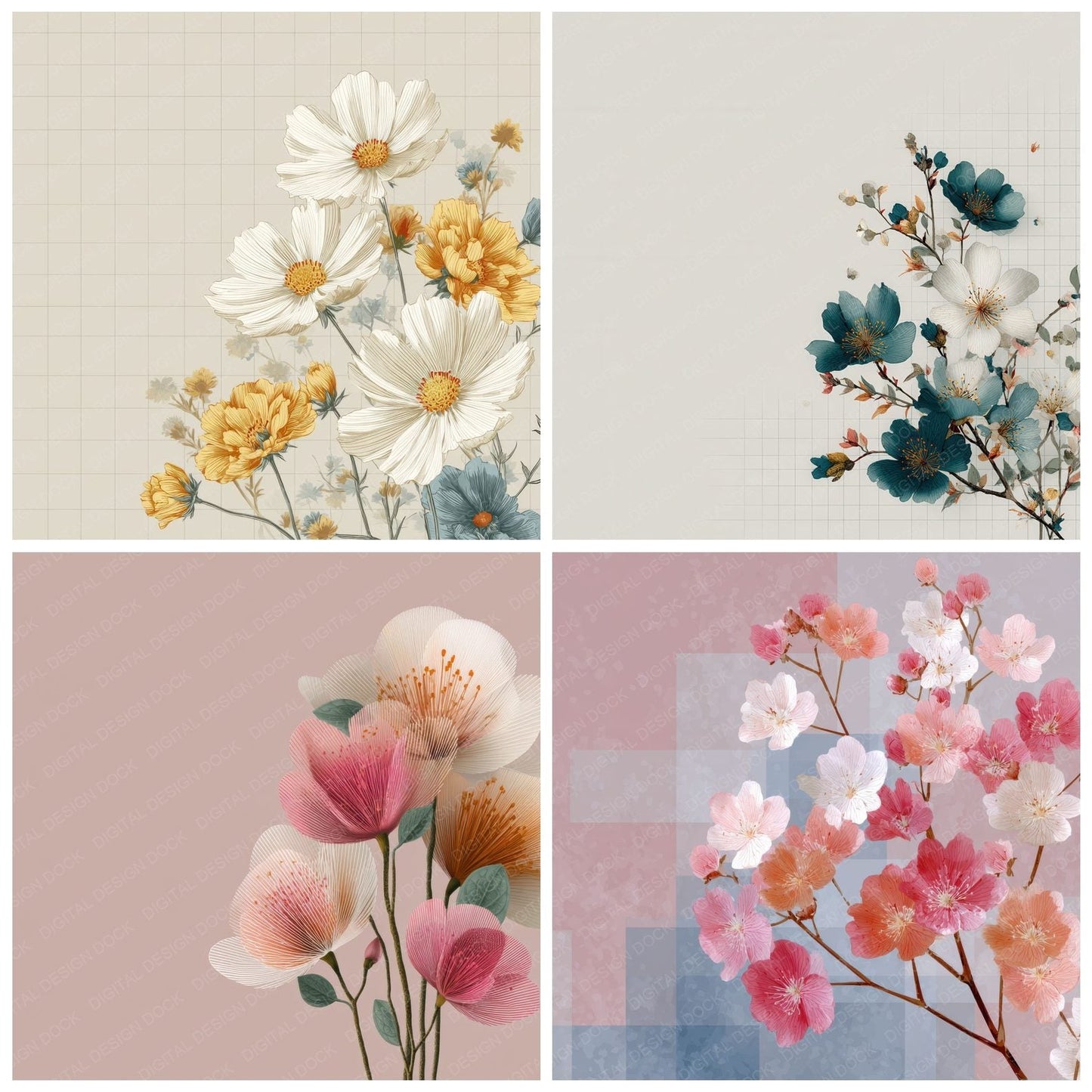 Minimal Floral Grid Background Digital Paper Pack (DDD000153)