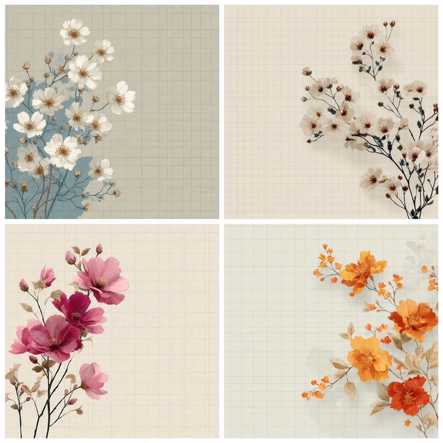 Minimal Floral Grid Background Digital Paper Pack (DDD000153)