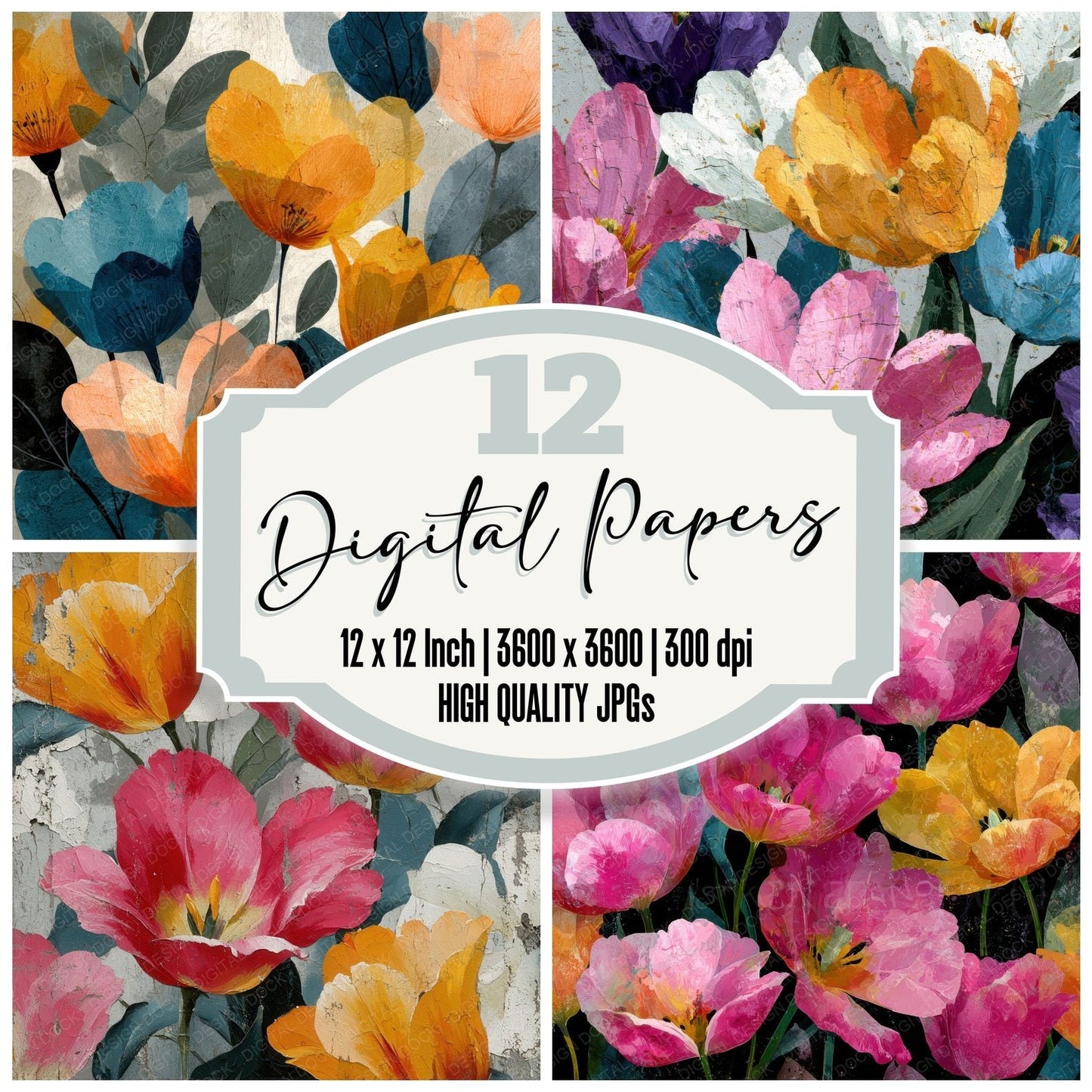 Painterly Tulip Floral Background Digital Paper Pack (DDD000156)