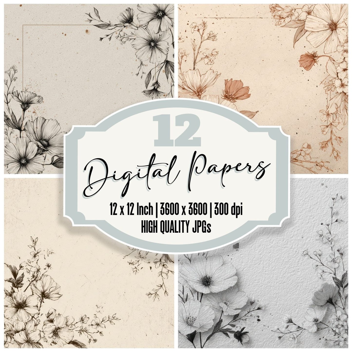 Sketchy Wildflower Outline Background Digital Paper Pack (DDD000158)
