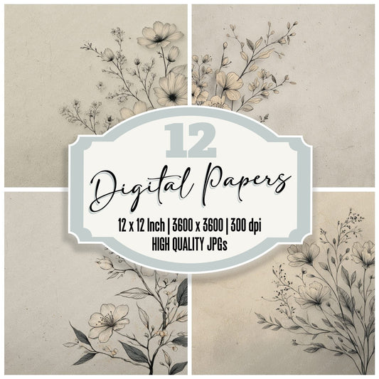 Boho Cream Botanical Ink Background Digital Paper Pack (DDD000162)