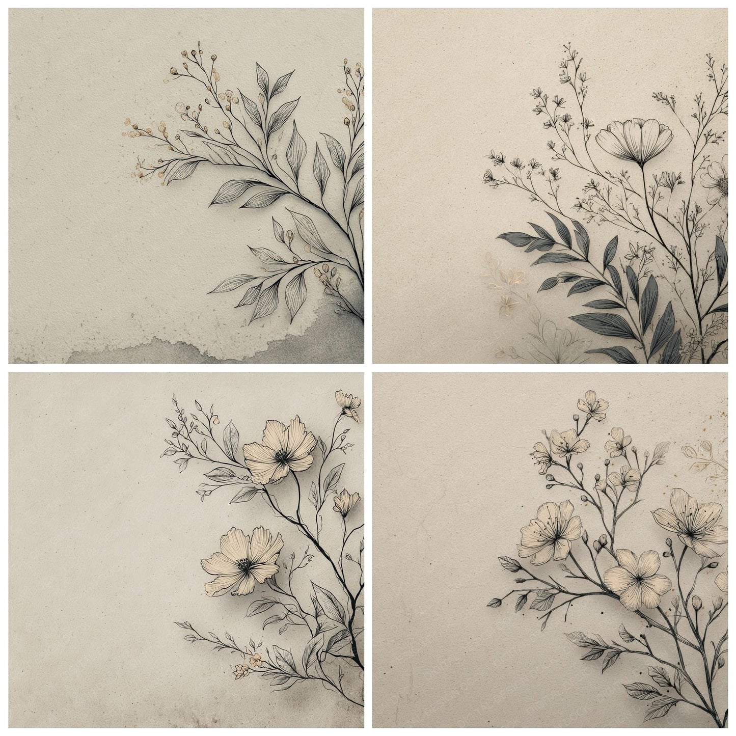 Boho Cream Botanical Ink Background Digital Paper Pack (DDD000162)