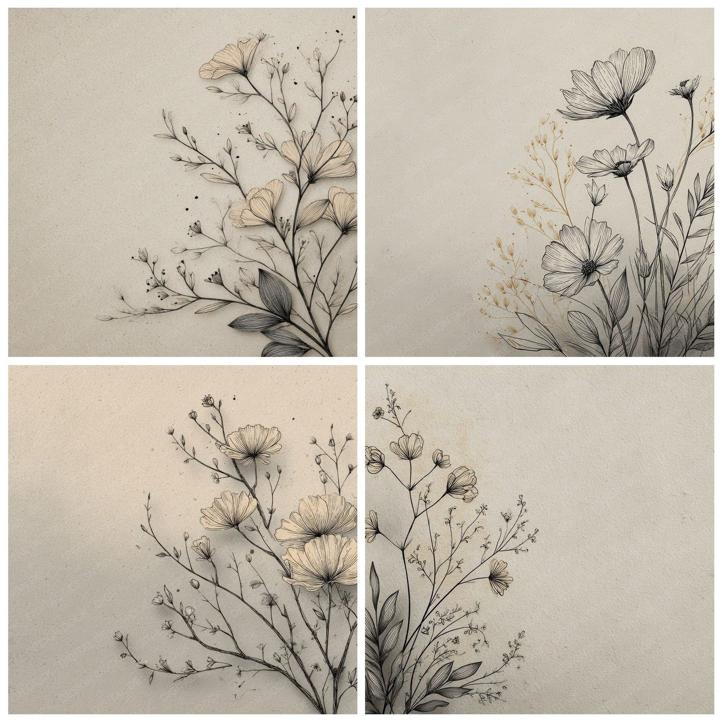 Boho Cream Botanical Ink Background Digital Paper Pack (DDD000162)