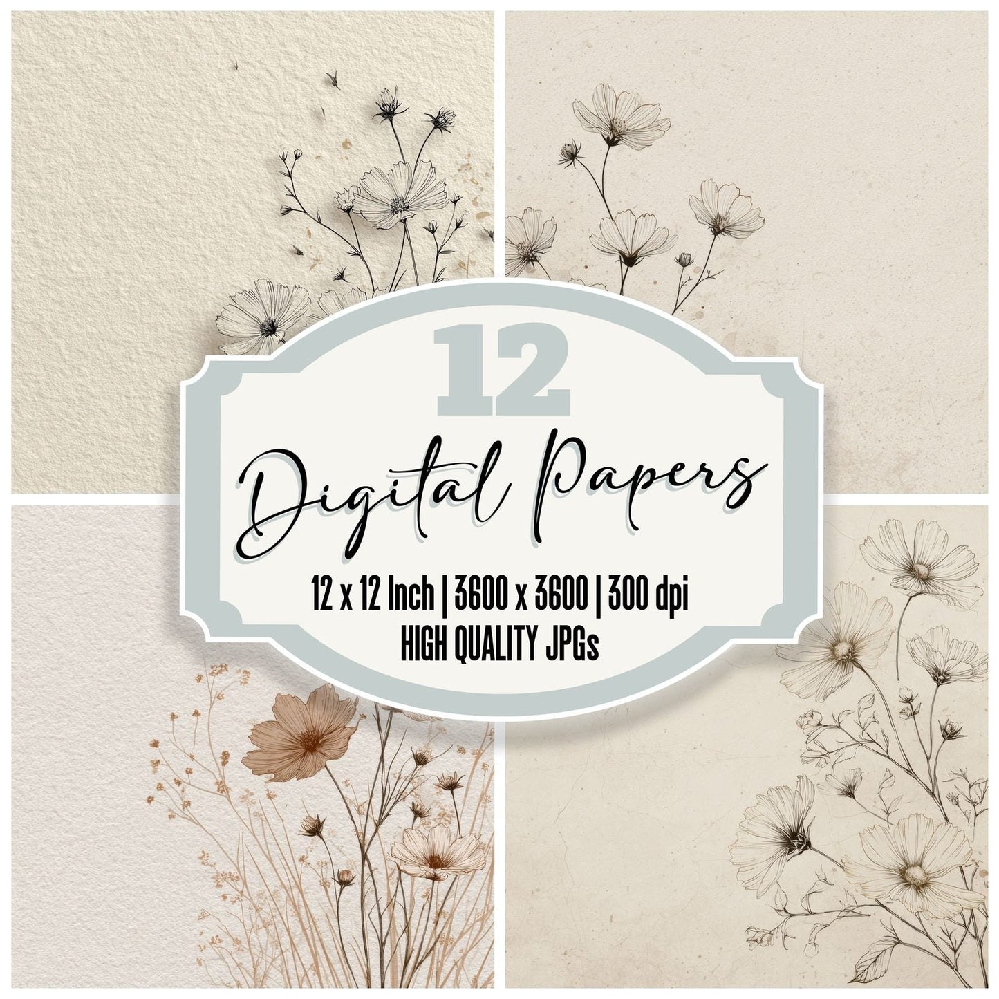 Boho Cream Meadow Flower Background Digital Paper Pack (DDD000163)