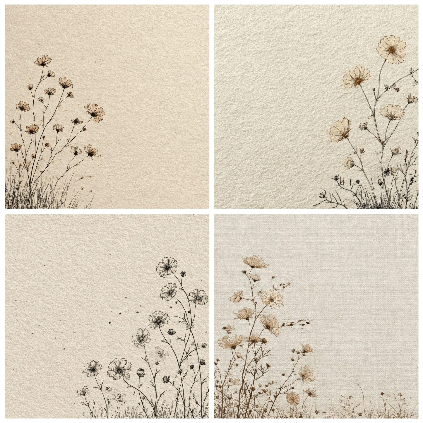 Boho Cream Meadow Flower Background Digital Paper Pack (DDD000163)