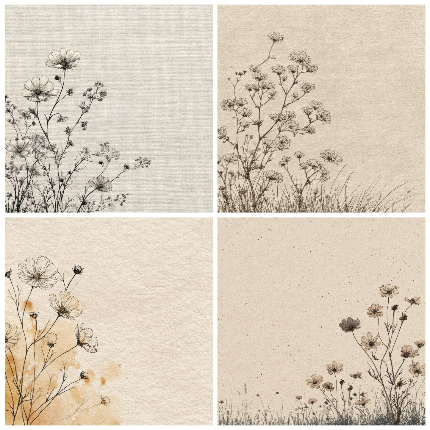 Boho Cream Meadow Flower Background Digital Paper Pack (DDD000163)