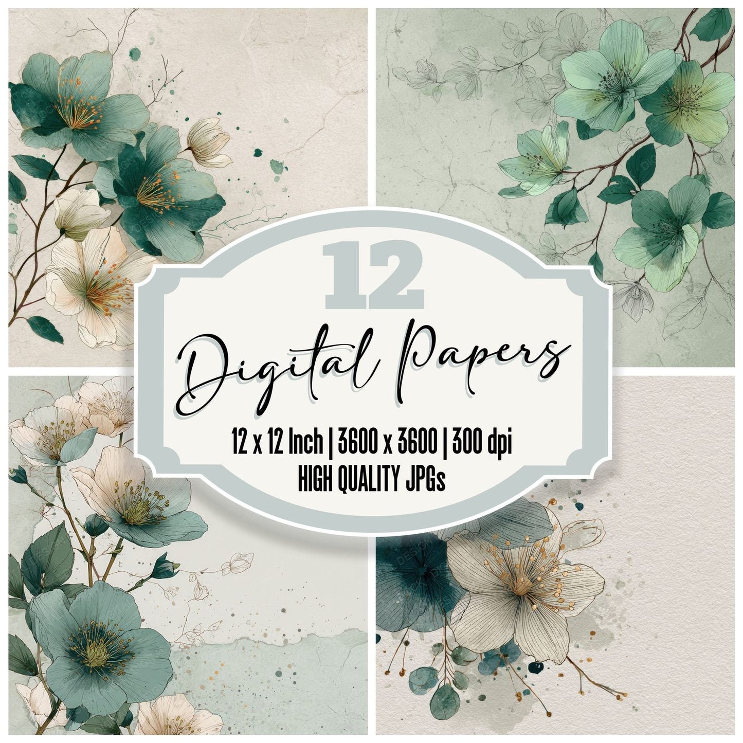 Eucalyptus Hellebore Ink Background Digital Paper Pack (DDD000167)