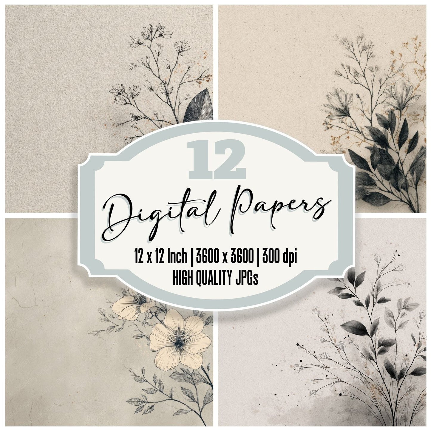Fog Botanical Ink Background Digital Paper Pack (DDD000168)