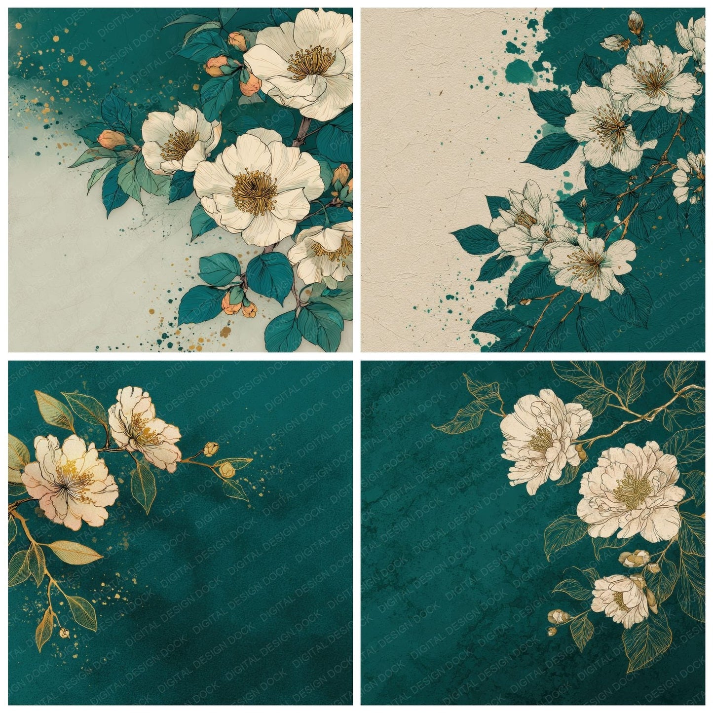 Forest Camellia Ink Background Digital Paper Pack (DDD000169)